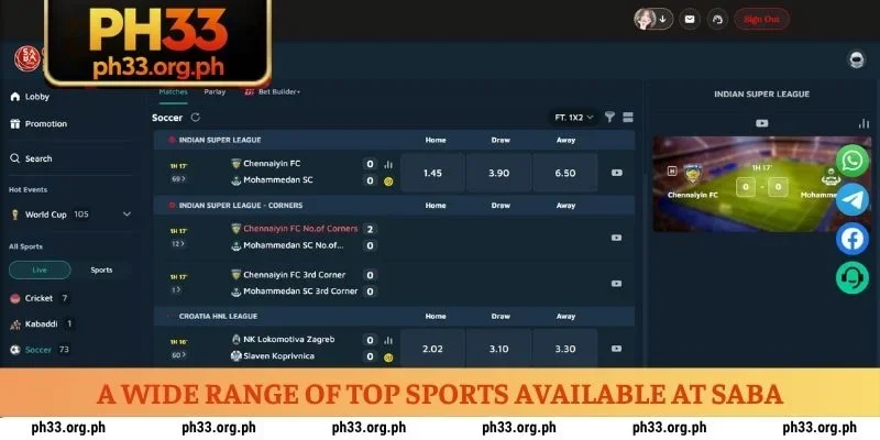 A wide range of top sports available at Saba